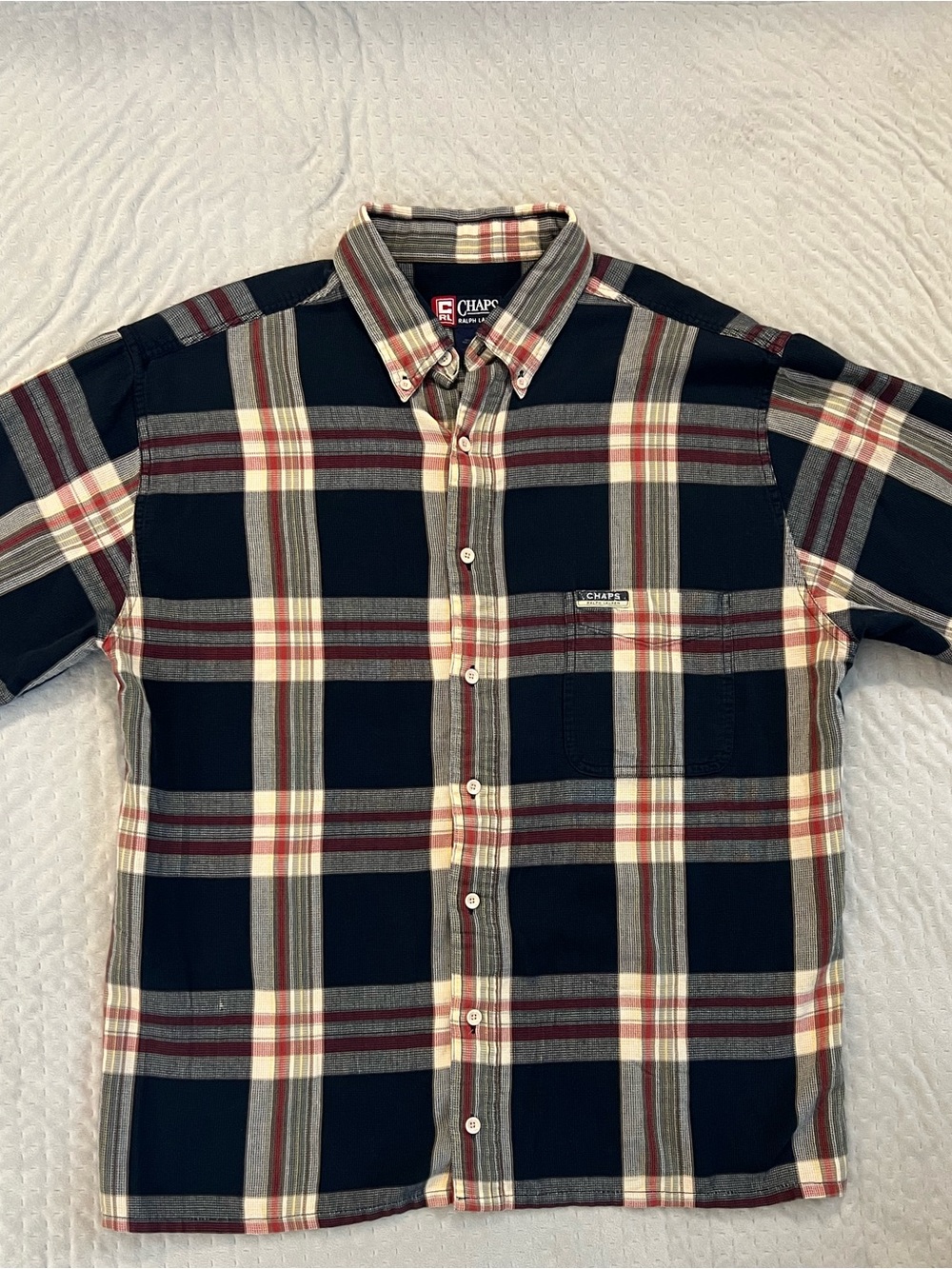Chaps Ralph Lauren Short-Sleeve Navy, Cream & Burgundy Plaid Button-Down Shirt
